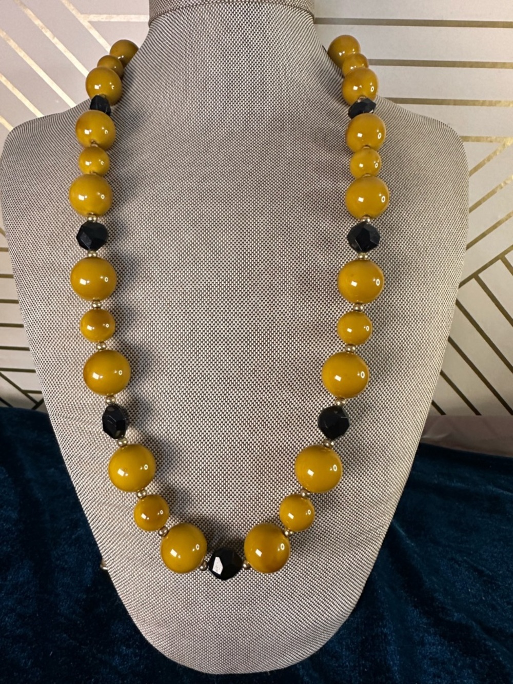 Elegant Mustard Yellow Bead Necklace with Black Accents